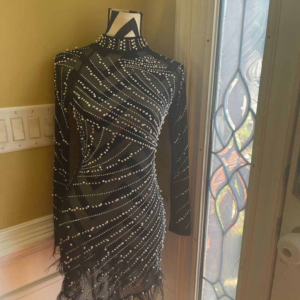 Unbranded Luxury Rhinestones & Pearls Feather Mini Dress Feather Accents Size S View 2